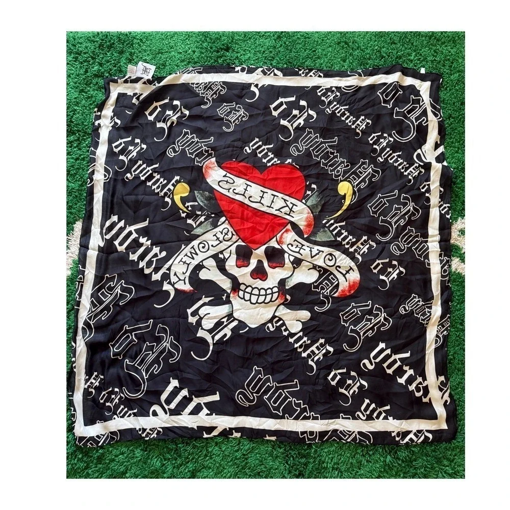 Ed Hardy Love Kills Slowly Skull Tattoo Print Square Scarf Black White Oversized